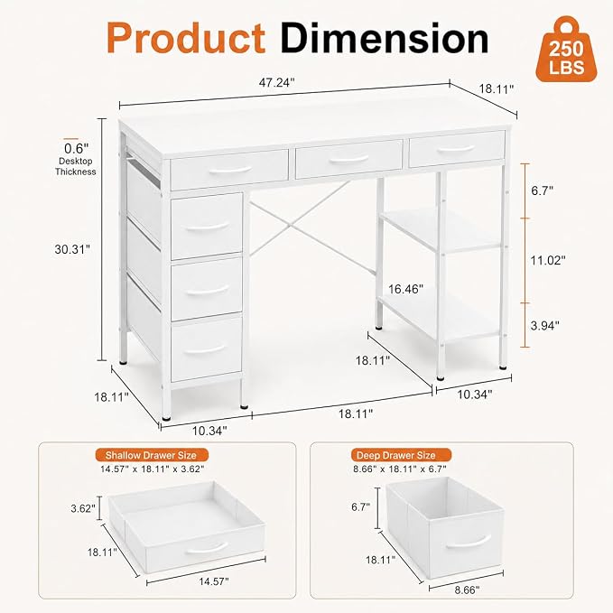 Simple Deluxe Computer Desk with 6 Drawers, 47 Inch Office Workstation with Storage Shelves, Reversible Corner Gaming Table, Home Office Study Desk with Fabric Organizer, White