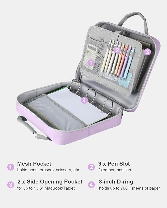 3 Inch Zipper Binder 3 Ring with Shoulder Strap & Multi-Pocket | Binder with Zipper Holds Up to 700 Sheets for Office School, Compatible with 13” MacBook Laptop ipad, Purple