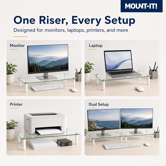 Mount-It! Glass Desktop Monitor Stand Riser, 22", 44 lbs | Raised laptop stand and organizer, clear tempered glass, supports computer screens and office desk supplies.