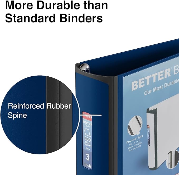 Staples Better Binder, 3 Inch D-Ring, Blue, Reinforced Rubber Spine | Heavy-duty design holds up to 600 sheets for school and office use.