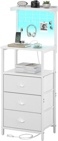 sthmec Bedside Tall Nightstands with Charging Station, LED Bedside Table for Bedroom - 3 PU Fabric Drawers, Hooks, USB/Type-C Ports & Open Bedside Shelves, White