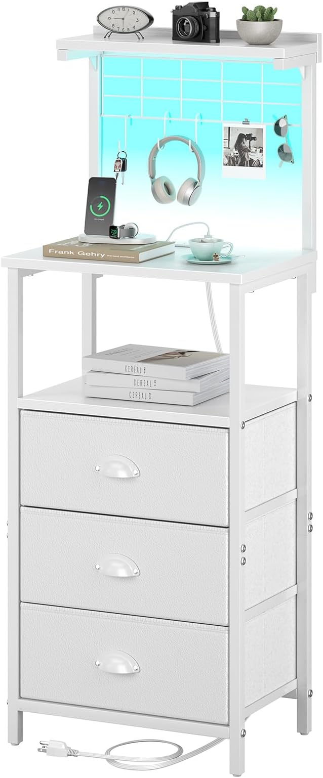 sthmec Bedside Tall Nightstands with Charging Station, LED Bedside Table for Bedroom - 3 PU Fabric Drawers, Hooks, USB/Type-C Ports & Open Bedside Shelves, White