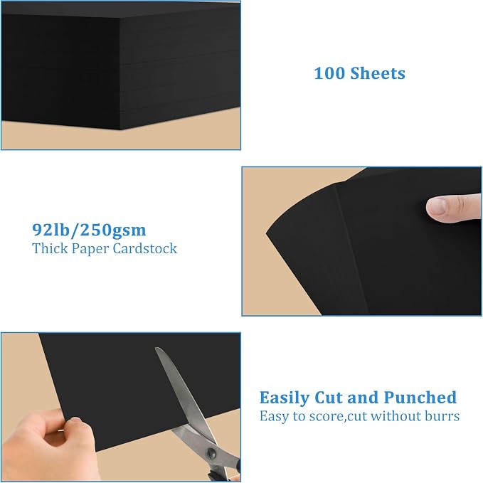 100 Sheets Black Cardstock 9x12, 92lb Card Stock Construction Print Paper | 92lb/250gsm Thick Card Stock Paper, Heavy Cardstock Paper for Printer, Resume, Scrapbooks, Art, Crafts, Business Cards