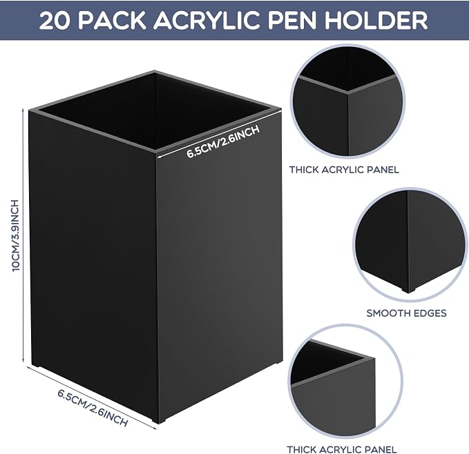 Crtiin 20 Pieces Acrylic Pencil Holder Makeup Brush Holder Pen for Desk Pencil Cup Acrylic Desk Accessories Desktop Stationery Organizer for Office School Home Supplies(Black)