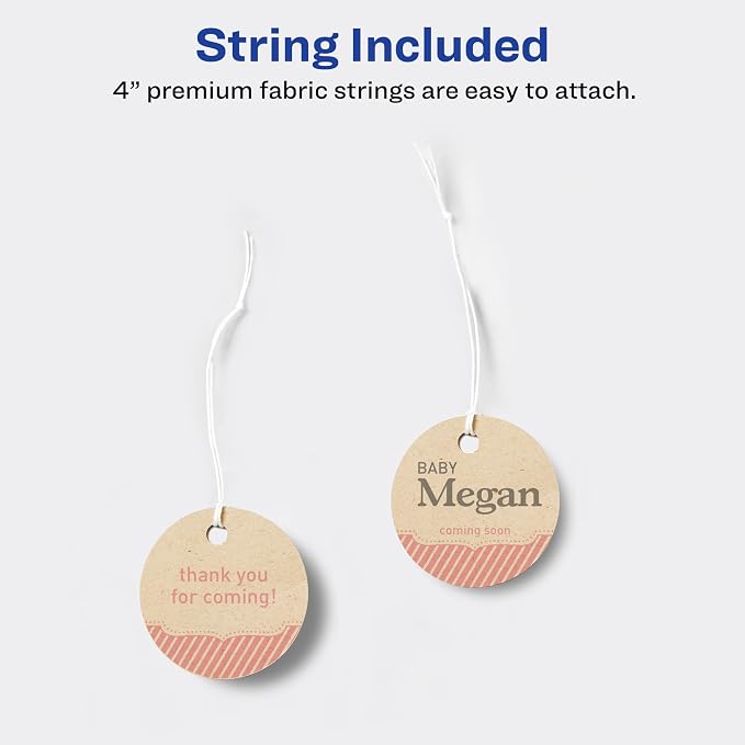Avery® Kraft Brown Round Tags, Sure Feed® Technology, 2" Diameter, Printable on Both Sides, Includes Strings, 96 Total (80515)