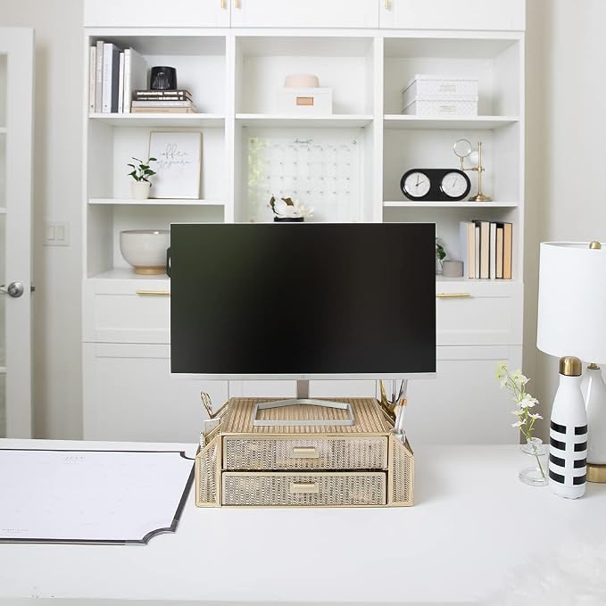 BLU MONACO | Monitor Stand with Drawer Storage | Desk Top Monitor Stand Riser Gold | Computer Support Organizer Elevador de Monitor