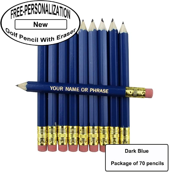EZPENCILS & GIFTS - Golf Pencils Tipped with Eraser (1/2 a Pencil - Pew Pencils) - Dark Blue Colored Barrel - FREE-PERSONALIZATION - 2HB Black Lead - Custom Text - Non-Smear Eraser – Package of 70