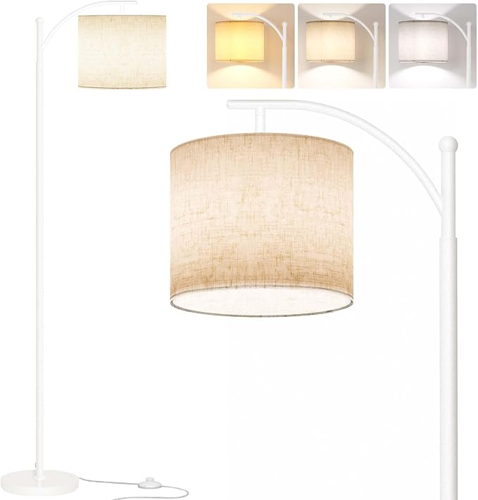 SUNMORY Arc Floor Lamp, Modern Floor Lamp with 9W 3 Color Temperatures Bulb | Metal Standing Lamps with Adjustable Hanging Lampshade, Tall Floor Lamps for Living Room, Bedroom, Office, White