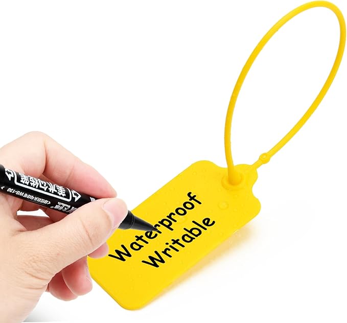 50 Yellow Blank Plastic Tags for Labeling Waterproof Hanging Labels Writable Tags Seal Plastic Marking Label for Clothes Bags Keys Inventory with One Marker Pen