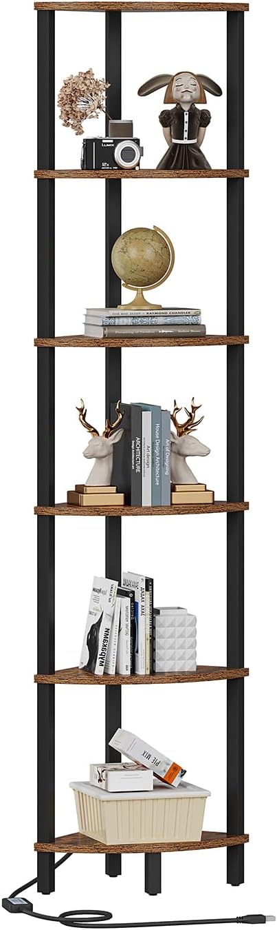 VIMBER 6-Tier Corner Shelf with LED Light, Industrial Corner Ladder Shelf, Rustic Display Shelf for Living Room, Bedroom, Kitchen, Home Office, Sturdy Frame, Rustic Brown and Black UJSJ002F