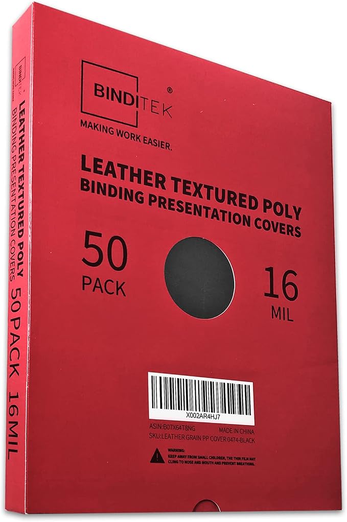 Binditek 16 Mil Leather-Textured Polycovers, 8.5x11 Inches, Black, 50 Pack | Leather-Textured Binding Covers, 8.5x11 Inches Letter Size, Plastic Binding Presentation Covers, Square Corners, Unpunched