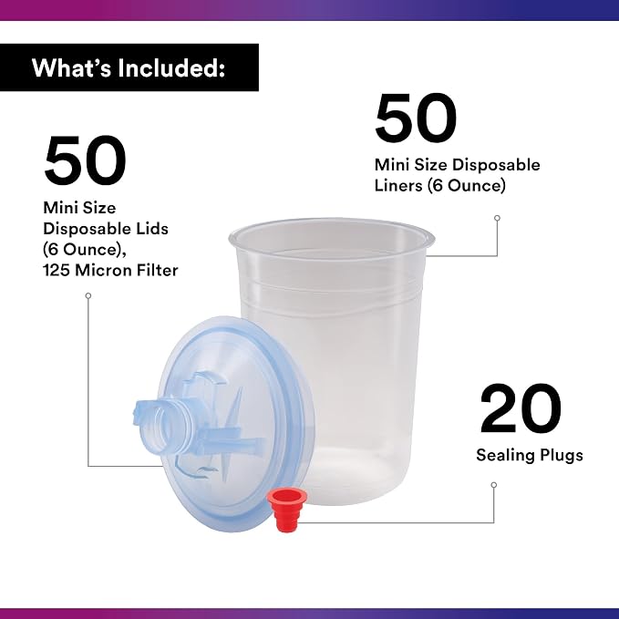 3M PPS (Original Series) Paint Spray Gun Cup Lids and Liners Kit, 16314 | Mini, 6 oz, 125-micron Filter, Use w/ Paint Gun for Cars, Furniture, Home, 50 Disposable Lids and Liners, 20 Plugs