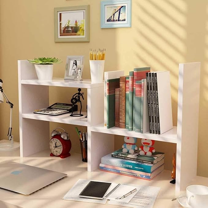Expandable Desktop Bookshelf & Desk Organizer Shelf - Wooden Table Top Storage Organizer with Shelves, Corner Storage Rack, Small Desk Hutch for Dorm, Office, Home, Study Desk Accessories