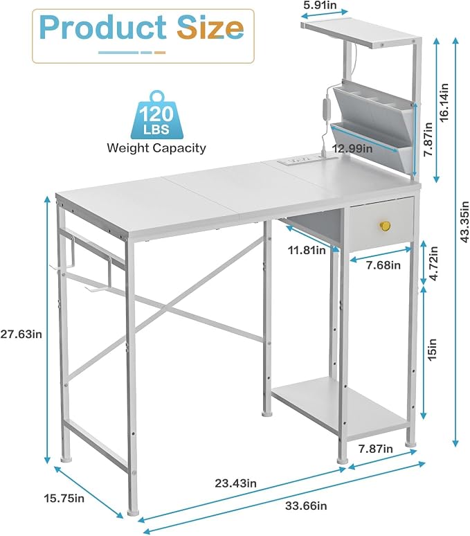 Jakyitvi 33.7" Computer Desk with Power Outlets, LED Lights & Drawer, Small Office Desk with Storage Bag & Hooks, Gaming Desk for Bedrooms or Home Office, Compact Study Desk for Small Spaces，White