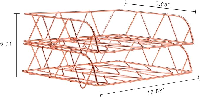 2 Packs Desktop File Organizer Metal Stackable Horizontal Letter Tray Paper Holder Rack, Rose Gold