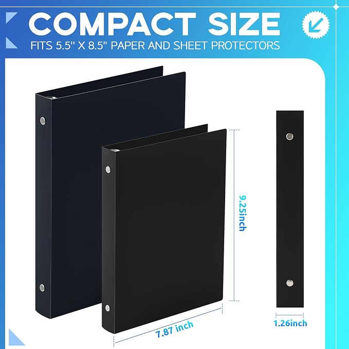 Henoyso 1 Inch 6 Pack Mini 3 Ring Binders for 5.5"x8.5" Paper,Black | Holds 200 Sheets, Plastic Small Binders, Round Three Rings, Flexible PP Covers, School Office, Photo Album Planner Journal