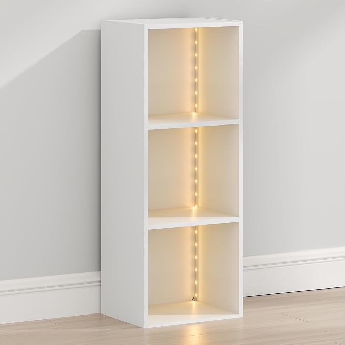 Furinno LUDER Book Shelf with LED Lights, 3-Cube Bookshelf, Bookcase, 9.3 x 12 x 31.5, for Home Office, Living Room, Study Room, White