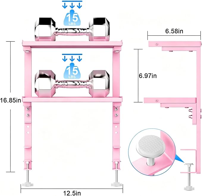 2-Tier Desk Shelf | Desk Organization Expandable Clamp on Desk Shelf Desktop Accessories for Offices and Game Rooms (Pink)