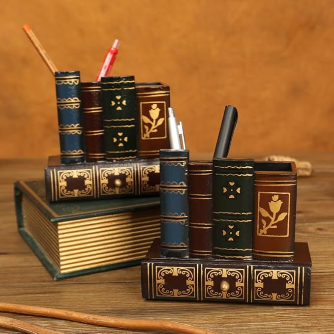 VERGOODR Decorative Pencil and Pen Holder with Storage Drawer, Wooden Desk Organizer Caddy, Antique Library Books Design Pen Cup for Office Supplies, Countertop, Desk,Table (Red)
