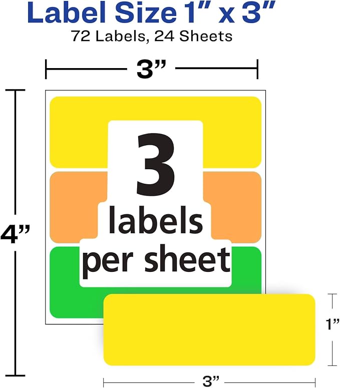 Avery® Color-Coding Removable Labels, 1" x 3", Assorted Neon Colors, Non-Printable, 72 Blank Labels Total (6722)