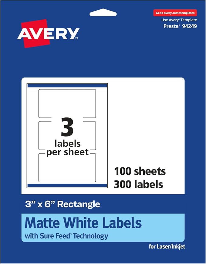 Avery® Matte White Rectangle Labels, Sure Feed® Technology, 3" x 6", 300 Matte White Printable Labels