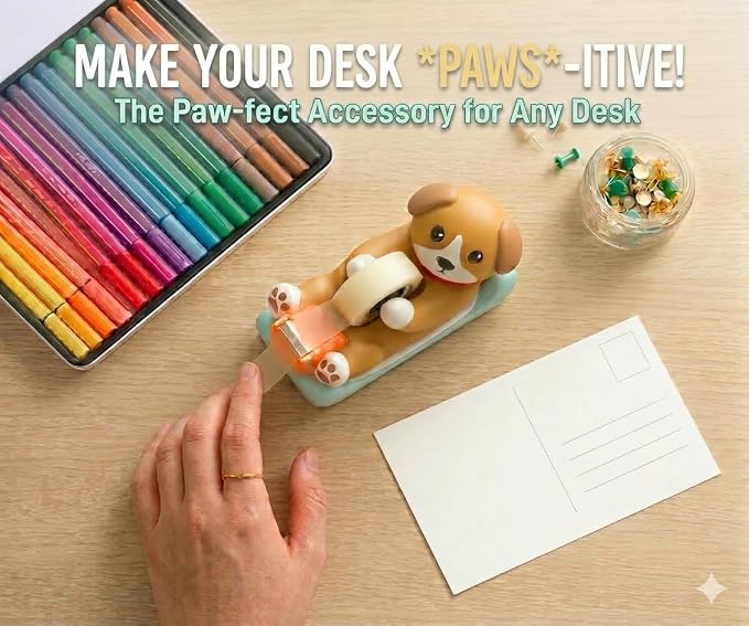 Chapman & Grand Puppy Dog Tape Dispenser (Tan/Turquoise) | Add instant playful character to your desk with this sweet puppy companion! A smile-inducing gift for dog lovers.