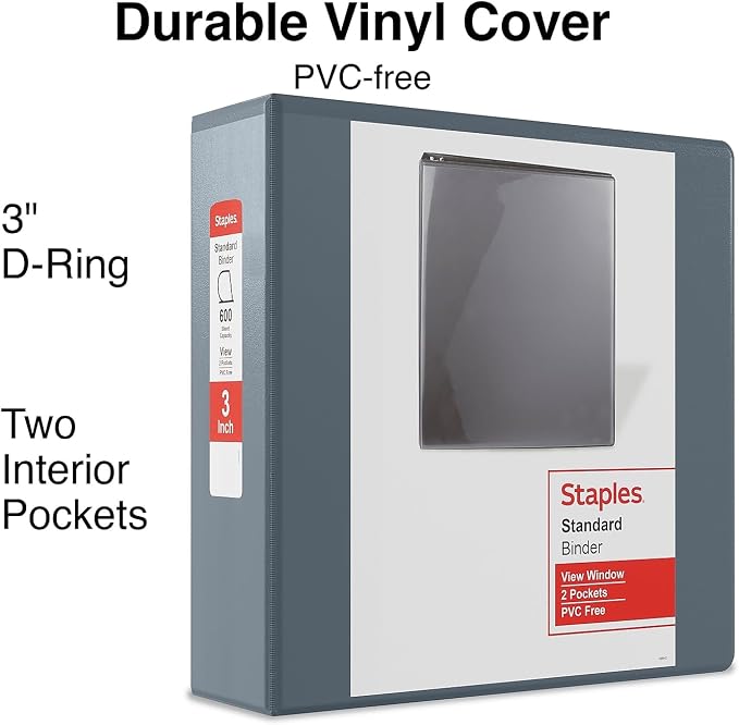Staples 3" 3‑Ring View Binder, D‑Ring, Gray