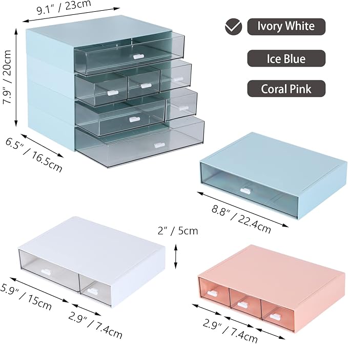 Stackable Storage Drawers, Office Desk Organizer with 7 Flat Drawers | White, Plastic Mini Desktop Storage Box, Tabletop Small Craft Drawer for Office Supplies, Makeup Desk Organizer and Accessory