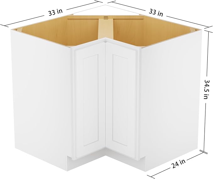 Furinno Shaker EZ Reach Base Corner Diagonal 3-Tier Kitchen Cabinet, White | 24 D x 33 W x 34.5 H, Adjustable Hinges, Soft-Close Shaker-Style Door, Ready to Assemble, Plywood, for Pantry, Dining Room
