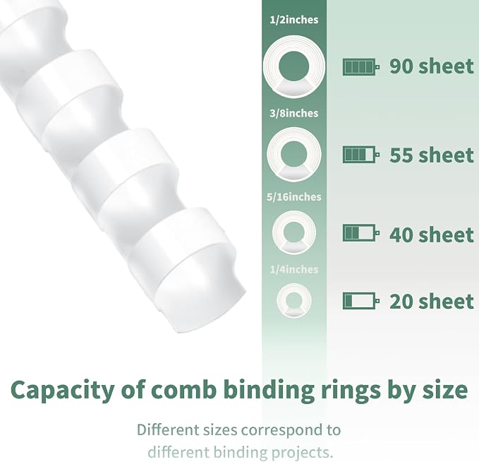 RAYSON Plastic Binding Combs, Mixed Size, 19rings, 1/4in, 5/16in, 3/8in, 1/2in, Binding Capacity 20-90 Sheets, Letter Size, White, Pack of 100