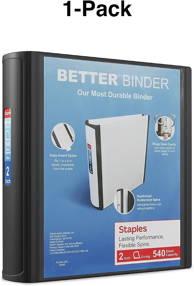 Staples Better Binder, 2-Inch 3-Ring View, Black, 2-Pack | Durable binder for everyday school and office document storage.