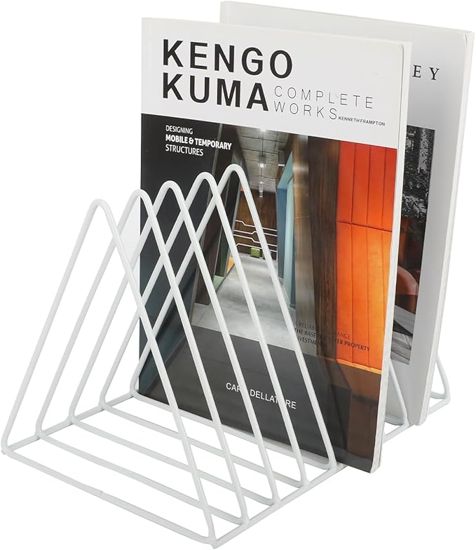 Vinyl Record Holder Storage, 9 Slot Metal Magazine Book Album Display Rack, Stylish Triangle Desktop File Sorter Organizer for Home Office, White Pack of 2