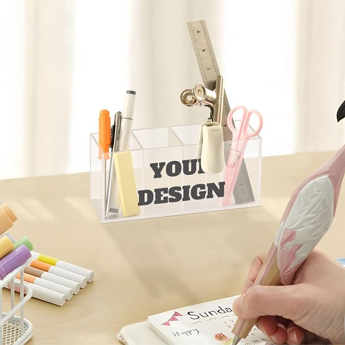 Custom Design Acrylic Pencil Pen Holder Desk Accessories Holder Custom Cosmetic Brush Organizer Modern Design Desktop Stationery Organizer for Office School and Home 7.87 x 2.48 x 3.54 In