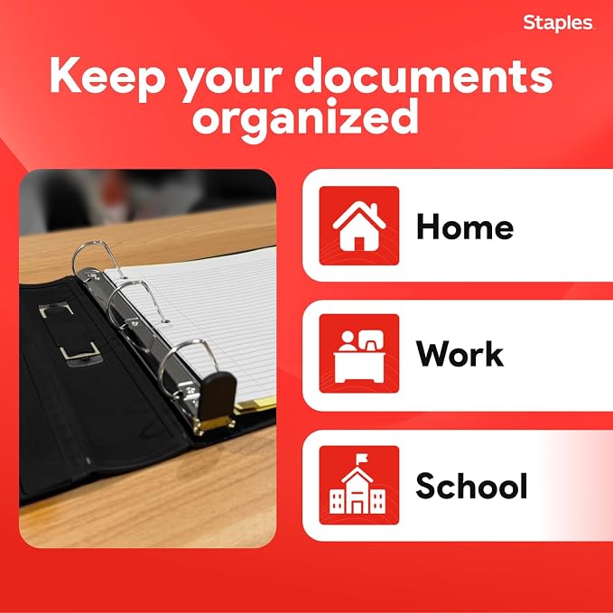 Staples Heavy-Duty 1.5-Inch D-Ring Binder, Black, Holds 400 Sheets | Large-capacity 3-ring binder for school and office document storage.