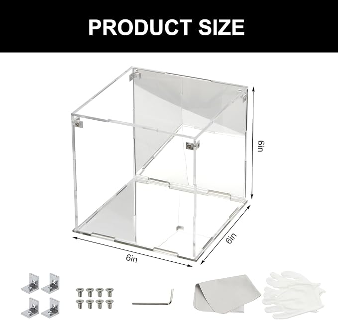 6x6x6Inch Self-Assemble Clear Acrylic Display Case with Mirror Back | Action Figure Dustproof Storage Display Box with Mirrored Base Stand, Cube Storage Containers for Home Office Collectibles