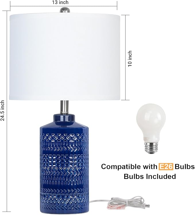 JUNNAI 24.5" Navy Blue Table Lamp Modern Bedside Ceramic Lamps for Living Room 3-Way Dimmable Entryway Nightstand Farmhouse Lamp for Home Office Bedroom, Bulb Included