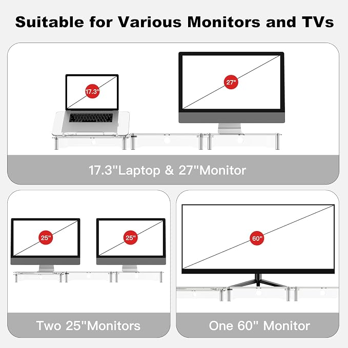 Clear Acrylic Dual Monitor Stand Riser,Laptop Riser Adjustable to 8 Angles | Double Computer monitor riser for desk for 2 Monitors,Desktop organizer Stand for Laptop,PC,Printer,TV，Cute Desk Accessories