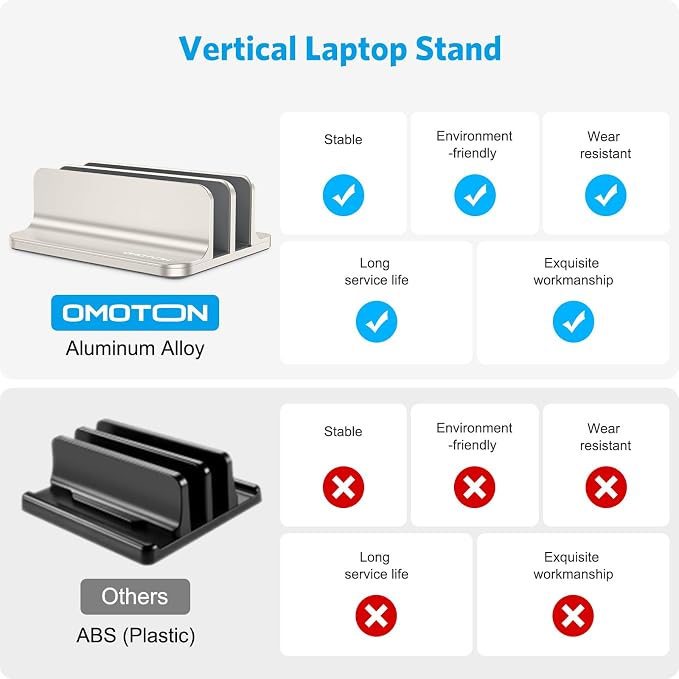 OMOTON Dual Vertical Desk Laptop Stand Holder, Fits MacBook Air, Starlight | Aluminum Laptop Storage Rack for Desk, Adjustable Dock for Up to 17.3 in. Gaming Laptop, Space-Saving Desk Organizer
