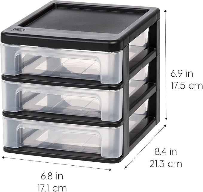 IRIS USA 4-Pack, 3-Drawer Small Plastic Stacking Desktop Organizer, Black | Organize office supplies, stationery, makeup, craft materials and everyday essentials for neat desktop storage