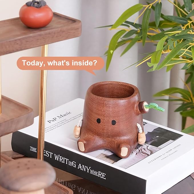 Stump Pen Holder – Cute Wooden Desk Organizer, Fairy Tale Tree Stump Pencil Cup for Stationery, Makeup Brushes, Dried Flowers, Solid Wood Desktop Decor Gift