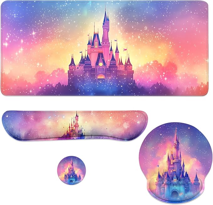 Castle Mouse Pad Set Fantasy Sunset Sky Dreamscape Gaming Mousepad 4in1 Desk Mat for Desktop Wrist Support Cup Coaster Set Ergonomic Computer Desk Arm Wrist for Decor Home Office