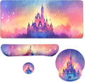 Castle Mouse Pad Set Fantasy Sunset Sky Dreamscape Gaming Mousepad 4in1 Desk Mat for Desktop Wrist Support Cup Coaster Set Ergonomic Computer Desk Arm Wrist for Decor Home Office