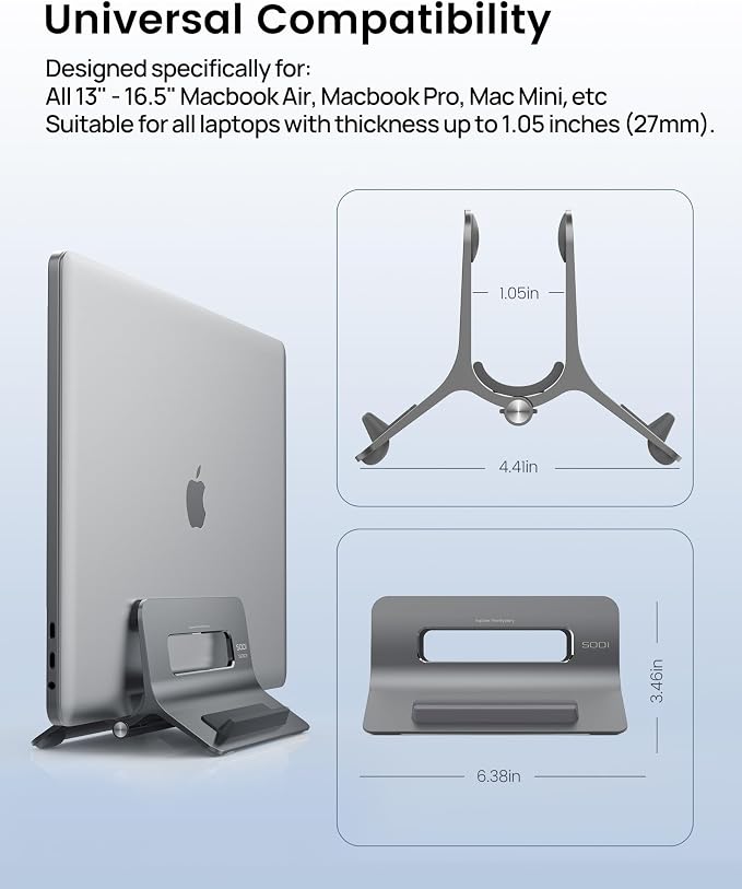 Vertical Laptop Stand for Desk, Gravity Auto Lock MacBook Stand, Aluminum Laptop Holder Vertical Compatible with MacBook Pro, Air, Tablet, Space-Saving Organize Work & Home Office, Gray