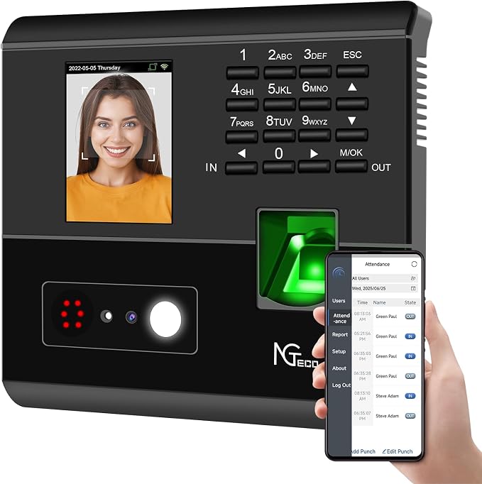NGTeco APP Time Clock for Small Business, 4-in-1 Mode, No Monthly Fee | Employee Attendance Machine with Face, Fingerprint, RFID & PIN Check-in, 10 RFID Cards, 2.4G WiFi, Flexible Shift Management