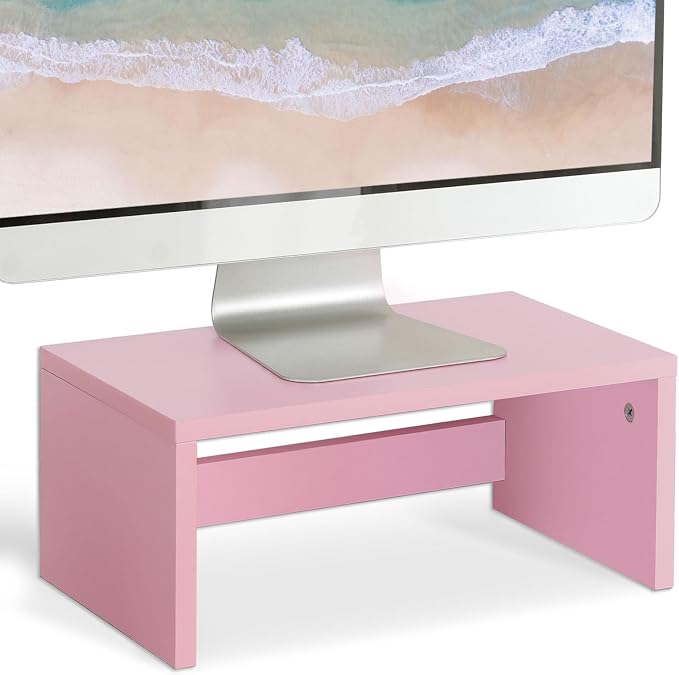 TEAMIX Pink Monitor Stand - 6.7 inch Tall, Wood Riser, Desktop Organizer