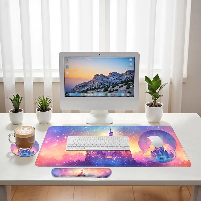 Castle Mouse Pad Set Fantasy Sunset Sky Dreamscape Gaming Mousepad 4in1 Desk Mat for Desktop Wrist Support Cup Coaster Set Ergonomic Computer Desk Arm Wrist for Decor Home Office