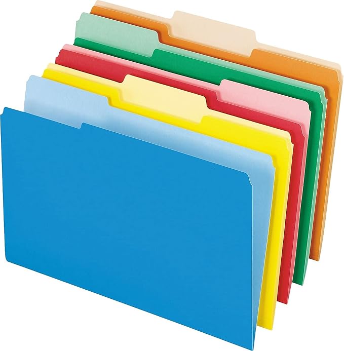 Pendaflex 435013ASST Interior File Folders, 1/3 Cut Top Tab, Legal, Bright Assorted (Box of 100)