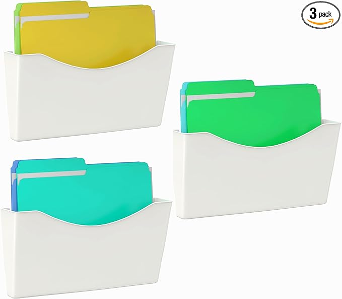 Kuntine.B 3 Pack White Single Pocket File Holder Hanging Wall Organizer, Wall Mount Mails Magazines Organizer for Office and Home