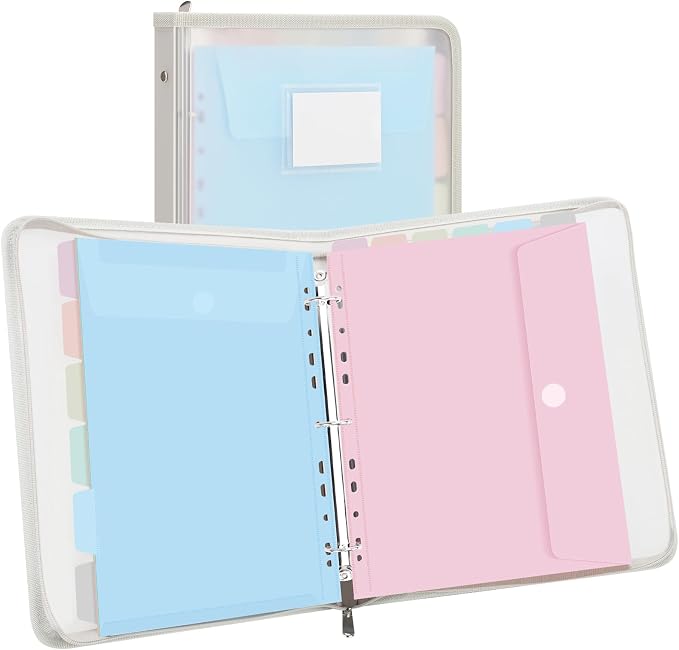 Uquelic Clear Zipper Binder with 12 Colorful Letter/A4 Pockets | 3 Ring Document Organizer with Dividers - Durable PP Cover, Large Capacity Cute Folder for School, Office & Home