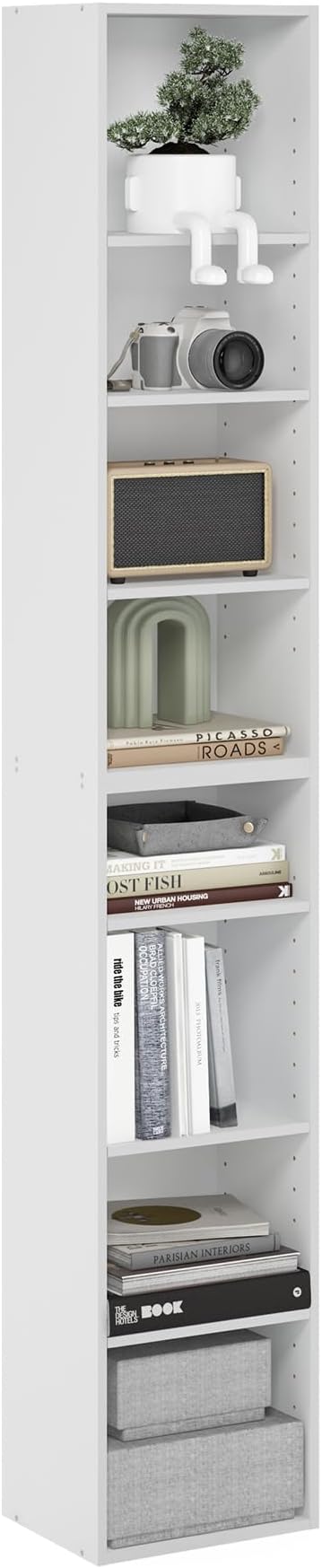 Furinno PASIR Book Shelf, 8-Tier Bookshelf, Bookcase with Open Shelf, 9.3 x 11.8 x 70.9, for Living Room, Bedroom, Home Office, White